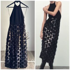 Zara Sequin Knit Halter Neck Dress New
